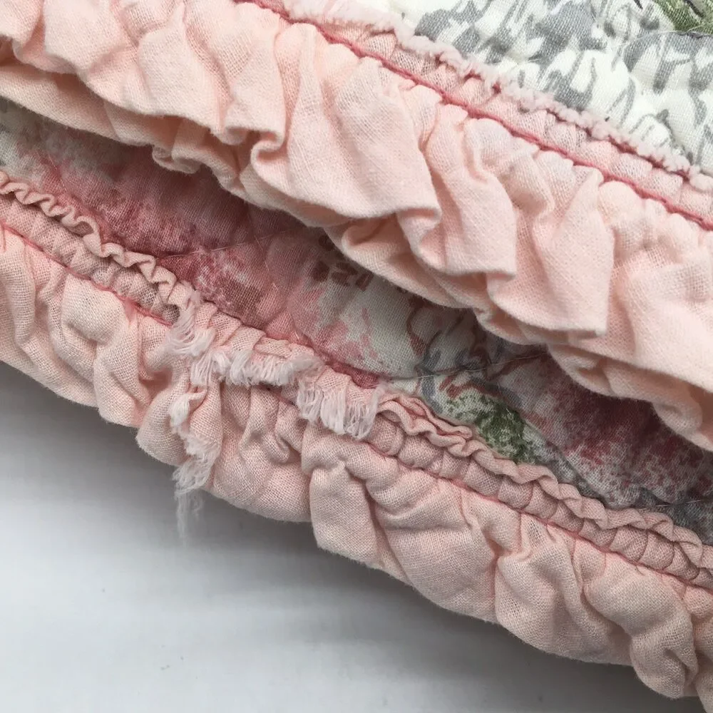 Vtg Pink White Floral Quilted Bedspread Coverlet Cottagecore 75x77” READ Distres